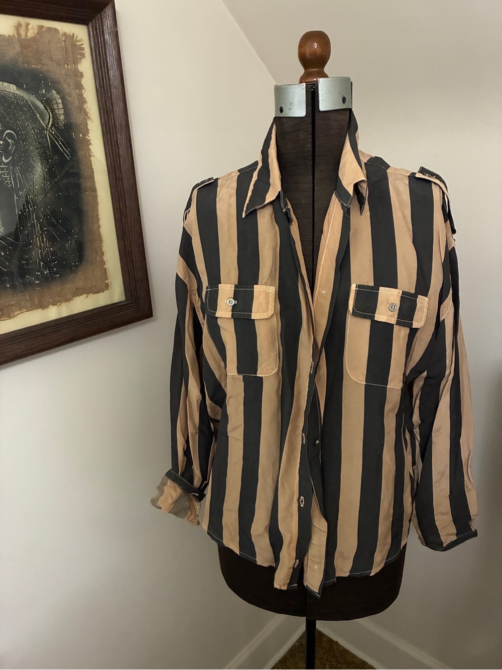 Made In USA Hard Tail Vegan Silk Black and Tan Striped Shirt